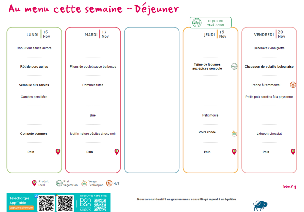 Menu du 16 au 20 novembre