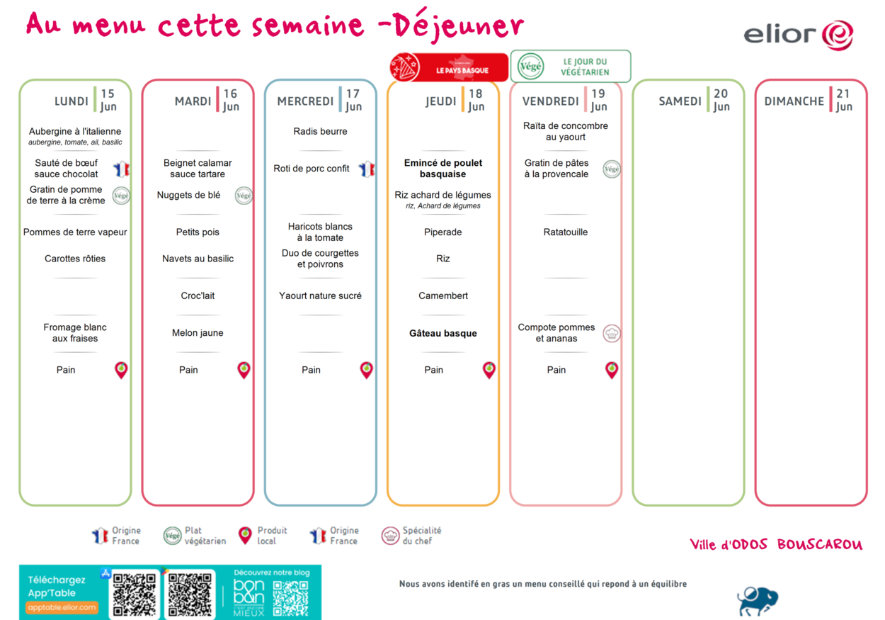Menu du 15 au 19 juin