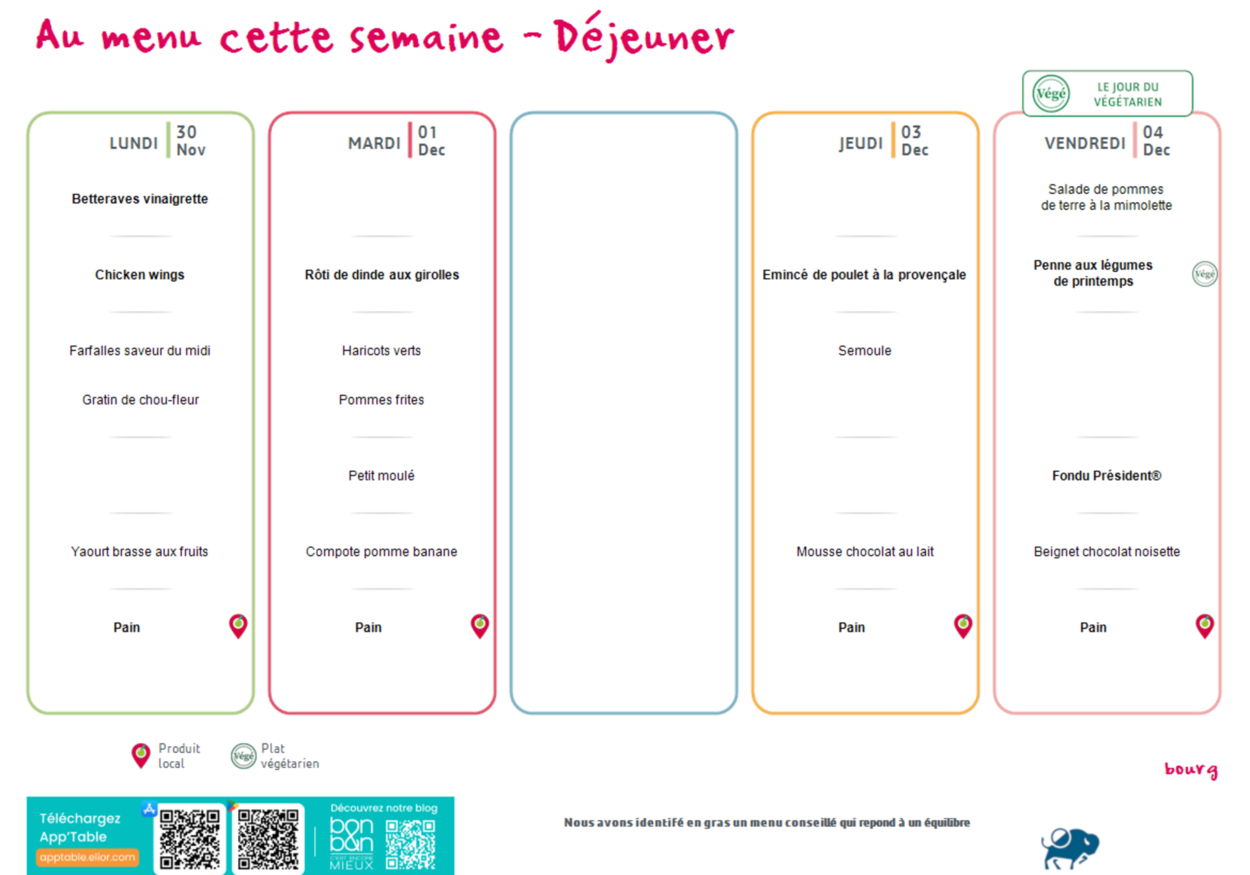 Menu du 30 novembre au 4 décembre
