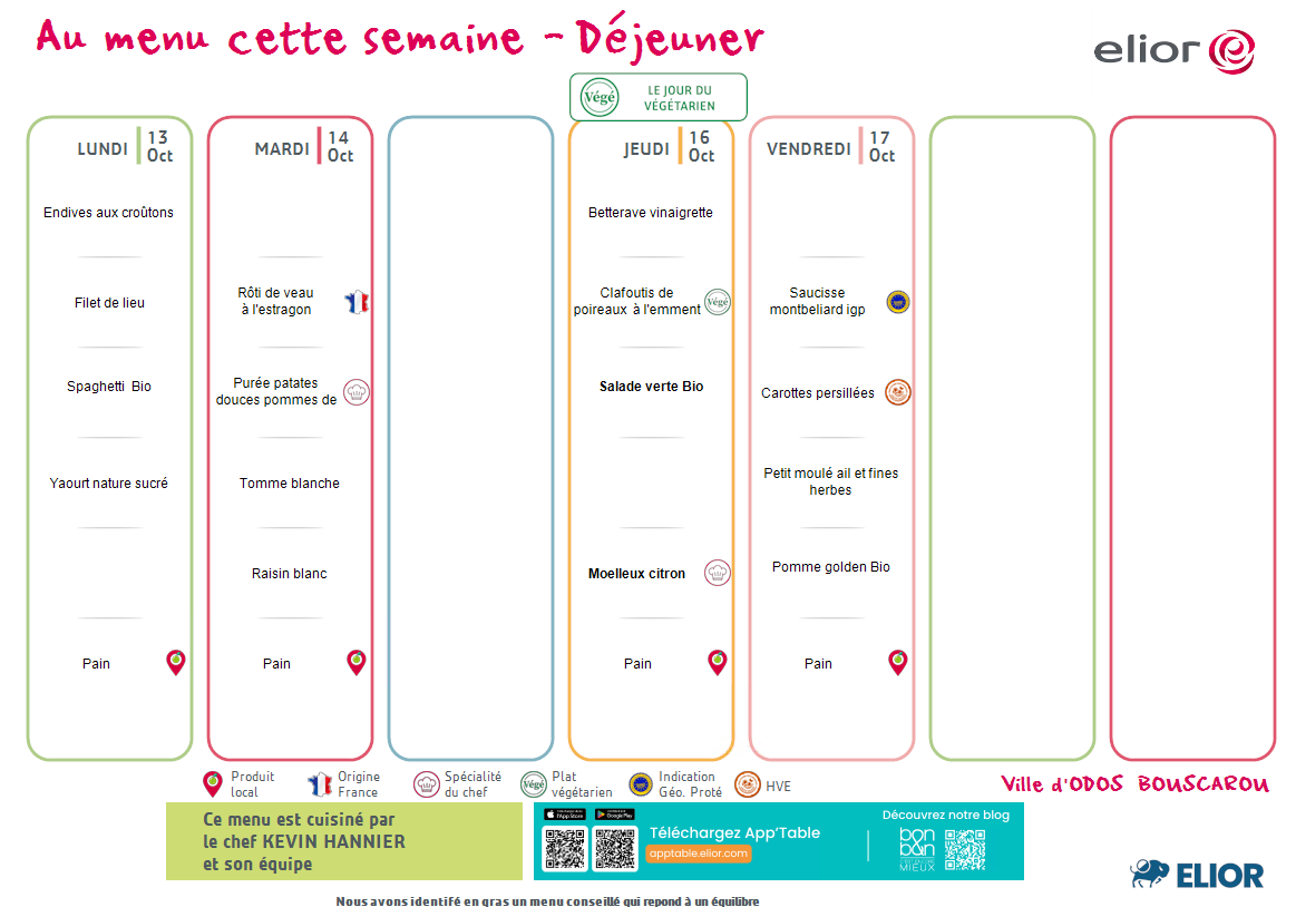 Menu semaine du 13 octobre