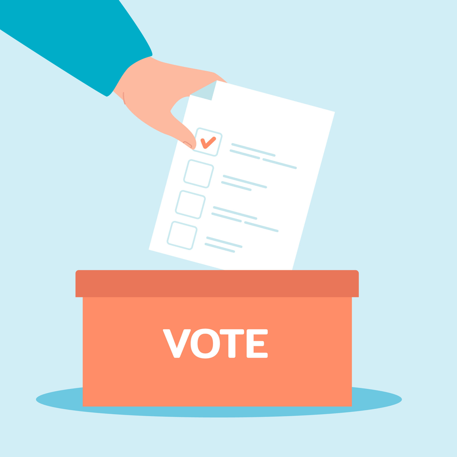 Hand putting ballot in box flat vector illustration